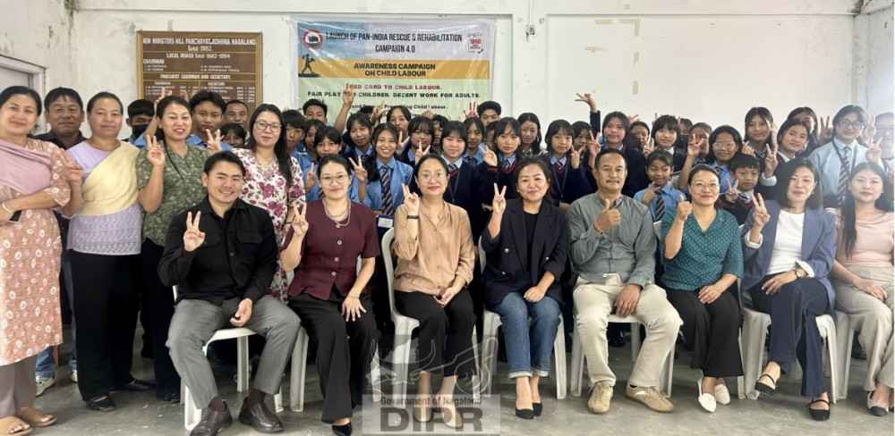 Officials from Kohima District Task Force (DTF) on Child Labour along with teachers and students during the Pan-India Rescue and Rehabilitation Campaign 4.0 awareness drive in Kohima.